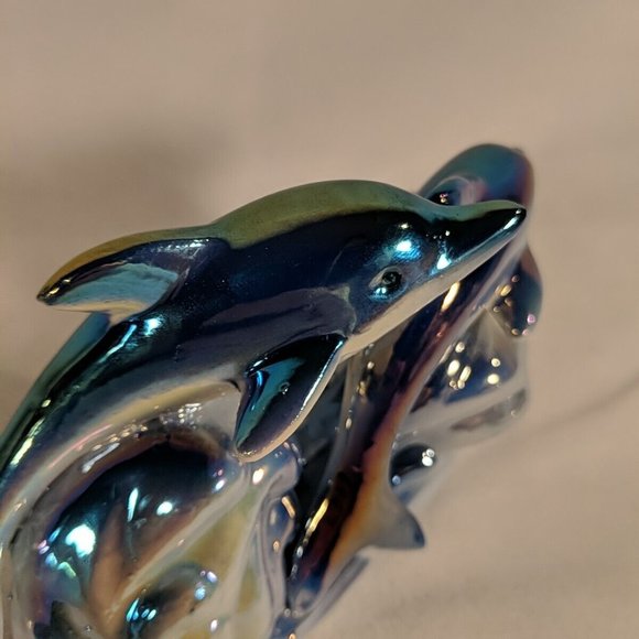 Vintage 3 Dolphin Figurine Sculpture Decor Iridescent Dolphins Waves Collectible - Picture 8 of 12